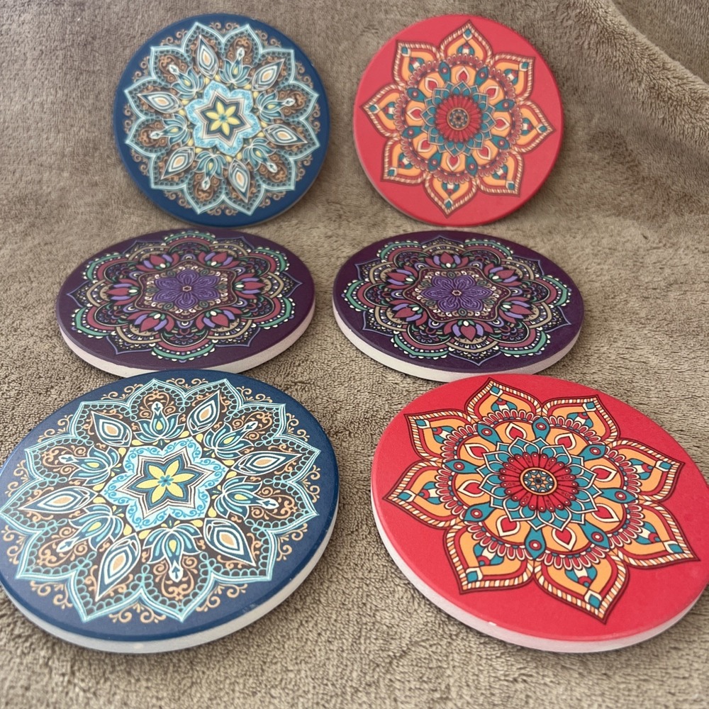 Ceramic Mandala Drink Coaster Set Of 6 Boho Colorful Cork Backing 4"‎